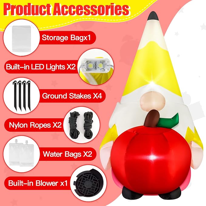 4FT Back to School Inflatable Gnome Outdoor Decorations Blow-up Inflatables Pencil Gnome with Apple Built-in 2 LED Lights for First Day of School Party Back to School Classroom Decor for Yard Lawn