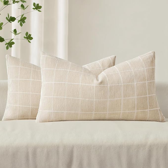 MIULEE Beige Plaid Decorative Throw Pillow Covers 12x20 Set of 2 | Vintage Check Chenille Couch Pillows Neutral Boho Farmhouse Cushion Covers Modern Home Decor for Sofa Bed Living Room