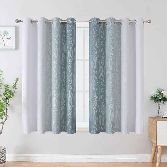 Estelar Textiler Stone Blue and Greyish White Blackout Curtains 45 Inch Length 2 Panels, Light Blocking Gradient Drapes for Bedroom, Thermal Insulated Grommet Ombre Curtains for Bathroom,52Wx45L