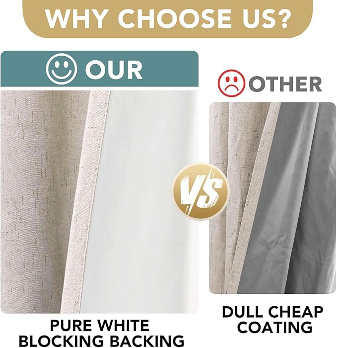 H.VERSAILTEX Linen Look 100% Blackout Curtains 45 Inches Long for Bedroom Full Light Blocking Rod Pocket Linen Textured Thick Window Curtain Drapes with White Backing, Natural, 2 Panels