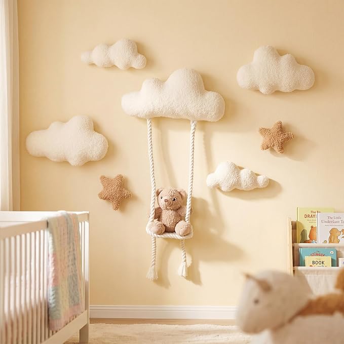 Chumia 7 Pcs Teddy Bear Nursery Wall Decor Swing Teddy Bear Nursery Wall Art with Clouds Star Soft Plush Baby Room Decor Gender Neutral for Bedroom Playroom Decoration