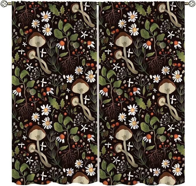 Mushroom Curtains,Green Plant Forest Botanical Print Window Treatments for Bedroom Living Room Kitchen Cartoon Herbs Floral Window Drapes 2 Panels Set,Total Size 42 x 54 Inch