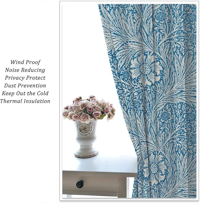 Bohe Vintage Floral Blackout Windows Curtains, William Morris Original Design Blue Flower Pattern Rod Pocket Curtains, for Living Room Bedroom 21(W)*54(L) 2 Panels