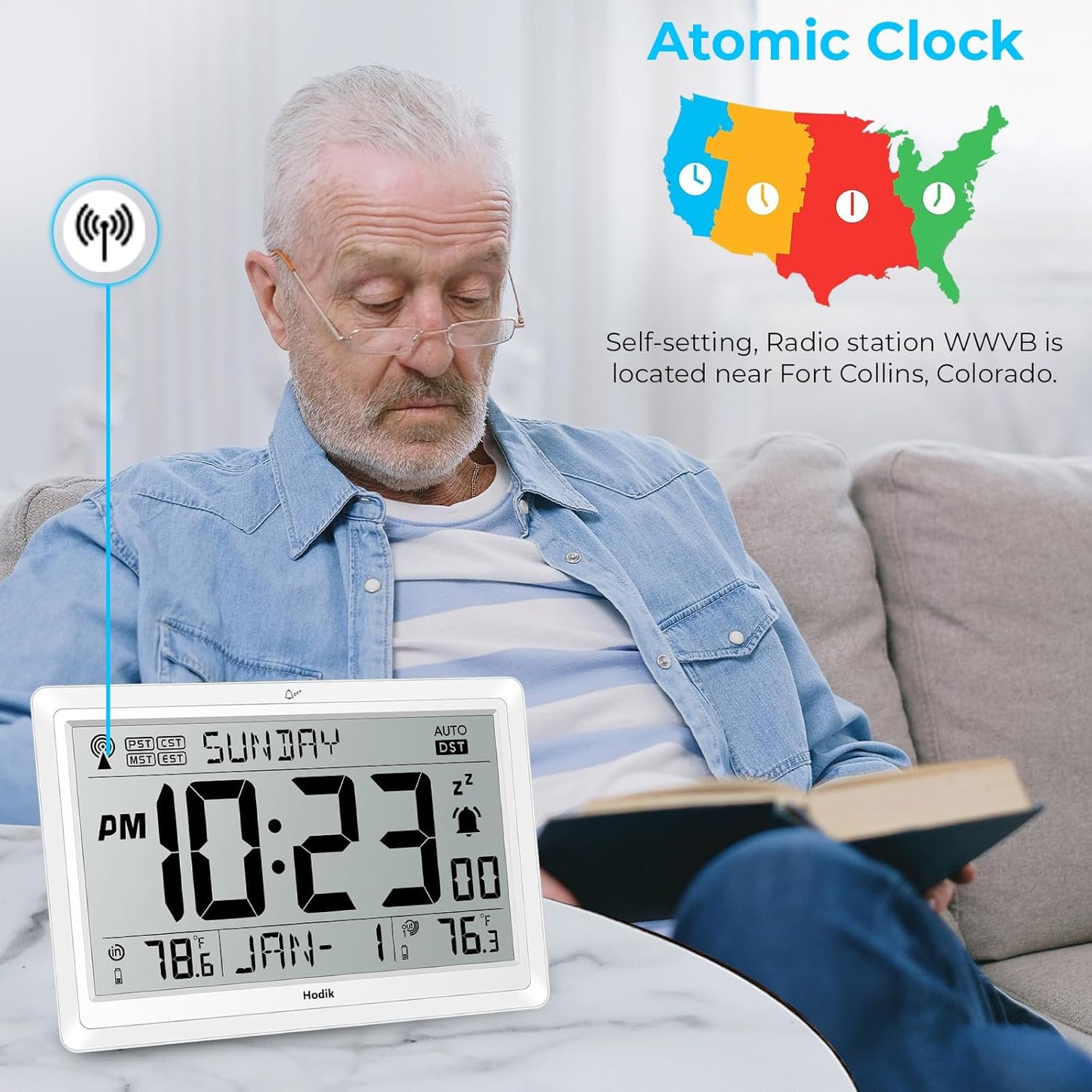 Wall Clock Atomic with Indoor Outdoor Temperature Battery Powered, Easy Reading with 10.5 Inch Large LCD Display, 330FT Range Table Wall Clock with DST, 12/24 Hour for Living Room Kitchen (White)