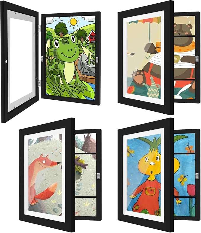 4 Pack Kids Art Frames 9x12 Inch Kids Artwork Flip Frame Changeable for Picture Display, Children School Drawing Projects Storage, Horizontally Vertically Wall Hanging, Front Opening, Black