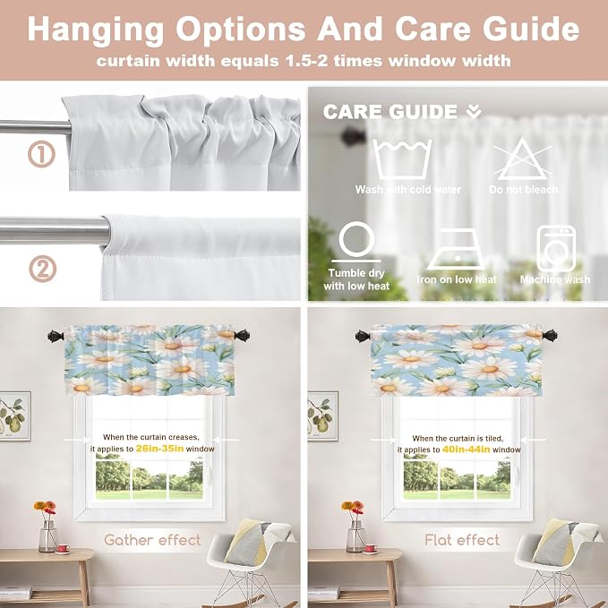 Shrahala Daisies Leaves Kitchen Valances, White Daisies On Blue Half Window Curtain Window Treatment Multilayer Polyester Blackout for Living Room Bathroom 2 Pack 52 x 16 in