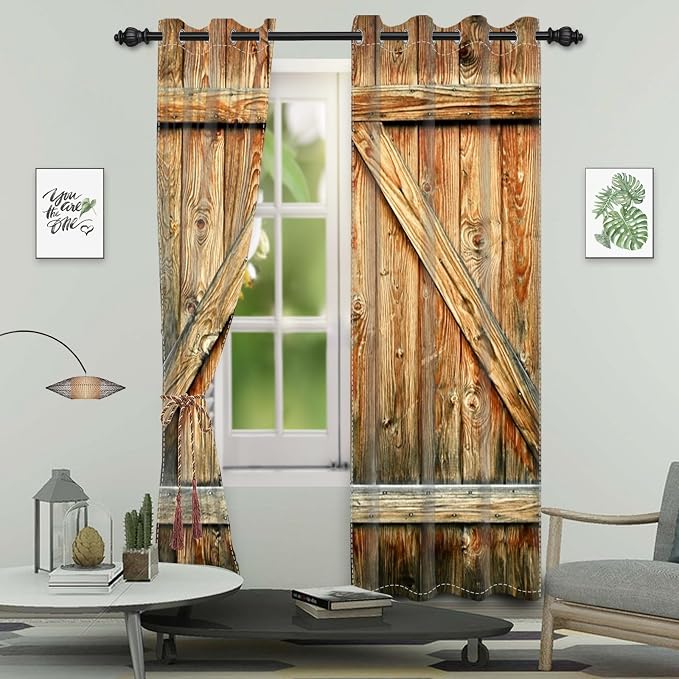 Closed Door Barn Door Curtains Rustic Vintage Wood Door Wooden Plank Window Curtains Farmhouse Countryside Living Room Kitchen Curtains Drapes Treatments Grommets Top,26x84 inch,2 Panels