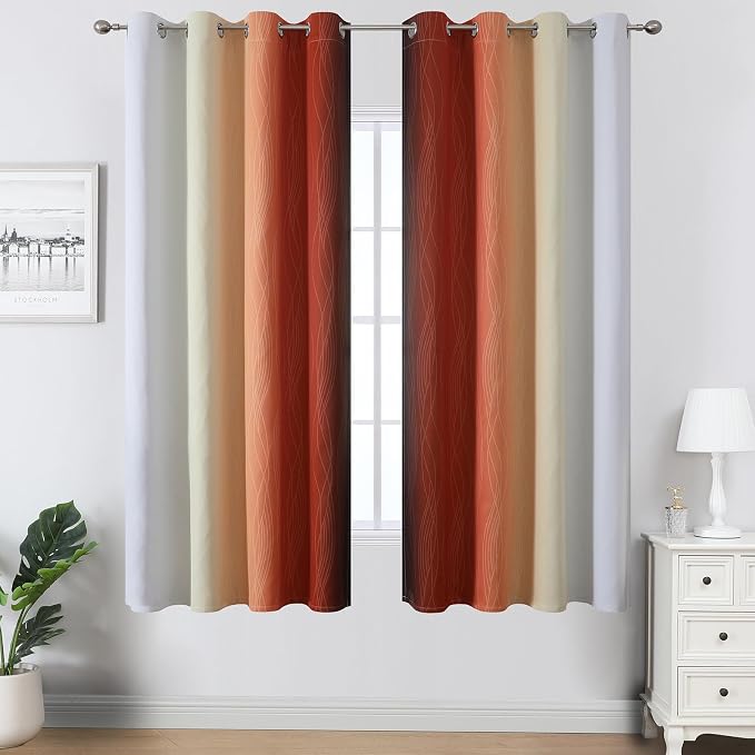Estelar Textiler Burnt Orange and Greyish White Blackout Ombre Curtains for Bedroom 63 Inches Long, Gradient Light Blocking Thermal Insulated Grommet Drapes for Living Room,52Wx63L,2 Panels