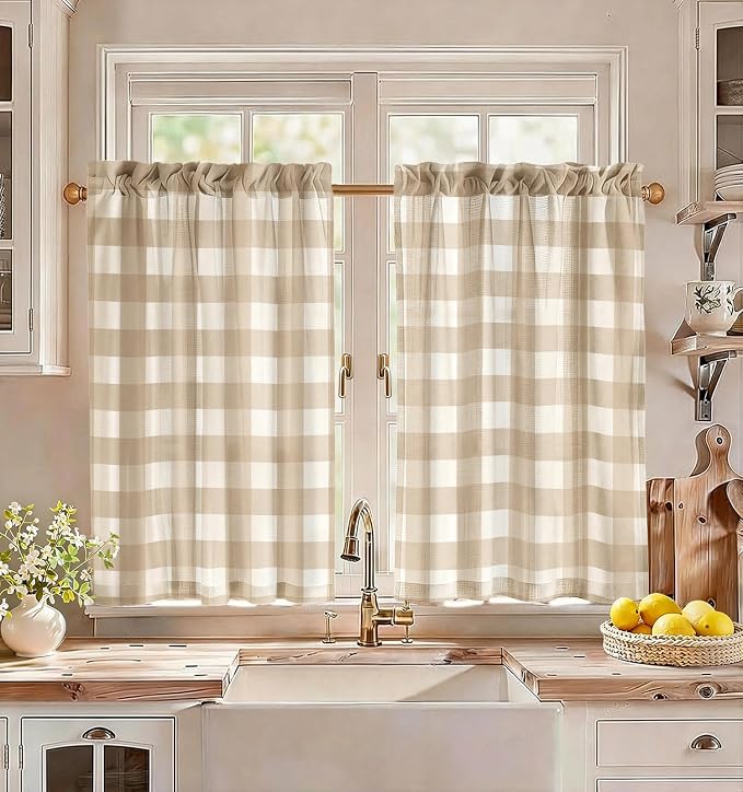 Miss Adola Farmhouse Kitchen Tier Curtains - 36 Inch Length Linen Blend Cafe Curtains Yellow Plaid Small Window Treatments Over Sink Rod Pocket for Bathroom Living Room Light Filtering, 2 Panels