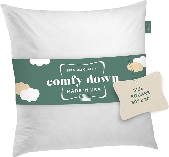 ComfyDown 30x30 Throw Pillow Insert, Down & Feather Fill, 100% Cotton Cover, Made in USA – Premium Soft Decorative Pillow Form Sham Stuffer for Bed, Sofa & Couch