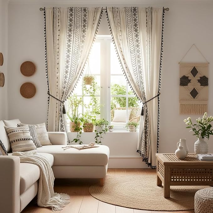 ColorBird Boho Curtains 2 Panels Modern Farmhouse Decor Black and White Striped Geometric Aztec Western Window Treatment Cream Curtain & Drapes for Living Bedroom Dining Room 63 Inch Length