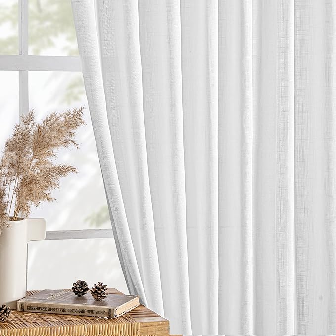 MIULEE White Linen Curtains Short 60 Inch Length 2 Panels for Kitchen Bedroom, Soft Thick Linen Textured Window Drapes Semi Sheer Light Filtering Back Tab Rod Pocket Burlap Look Decor