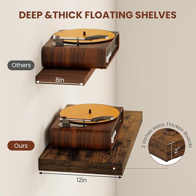 Vivelove 12" Deep Floating Shelves for Wall 55" Long, Wall Shelves for Living Room Bedroom Bathroom Kitchen Laundry Room, Farmhouse Rustic Shelves for Home Decor, 55" X 12" X 2" Set Of 2, Rustic Brown