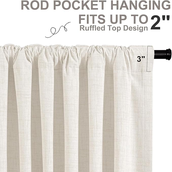 INOVADAY 100% Blackout Curtains 90 Inches Length 2 Panels Set, Back Tab/Rod Pocket Linen Black Out Curtains for Bedroom, Thermal Insulated Window Drapes - Beige White, W50 X L90