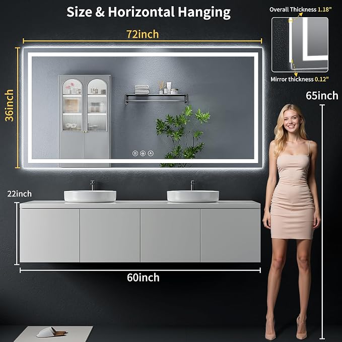 72"x36" LED Bathroom Mirror with Lights, Backlit + Front Lit with CRI>90, Lighted Mirror for Bathroom, Anti-Fog, Dimmable Brightness, 3 Colors, Memory Function, Shatterproof Tempered Glass