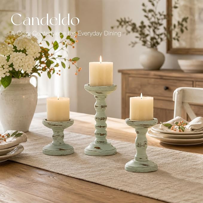 Candeldo Wooden Candle Holders Pillar: Sage Green Candlestick Holders Table Centerpiece Vintage Rustic Farmhouse Shabby Chic Decor for Fireplace Mantle