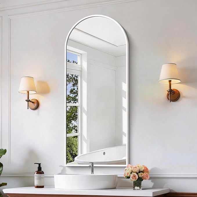 CIRCUMI Arched Wall Mirror, 20"x48" White Arched Mirror with Tempered Glass, Metal Frame, Large Size for Bathroom, Living Room,Entryway,Over Sink, Arch Mirror for Decor,Shatterproof&Crystal-Clear