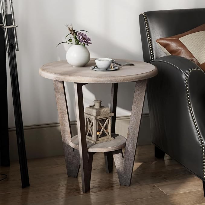 Set of 2 Rustic Farmhouse end Table with Storage Shelf, French Country Accent Side Table for Family, Dinning or Living Room, Small Spaces, Modern, Round, Vintage Grey Finish