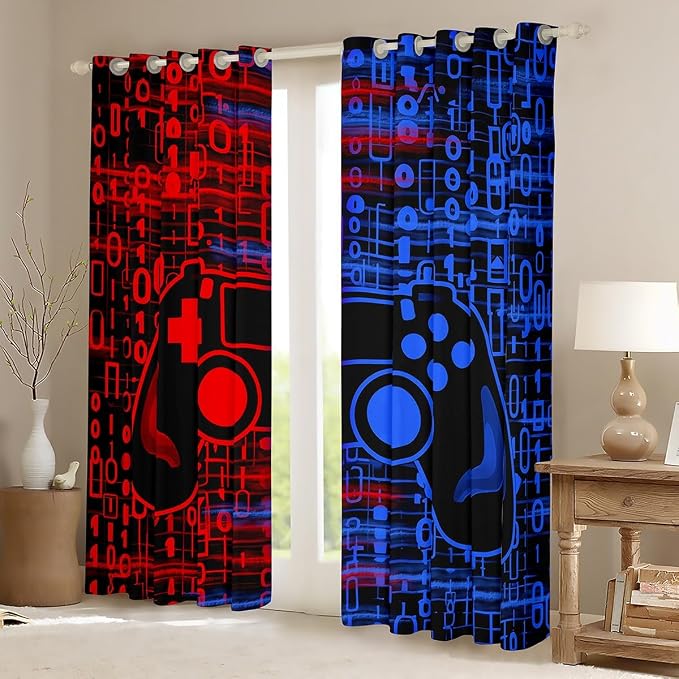 Feelyou Kids Boys Red and Blue Gamer Blackout Curtains Gamer Window Curtains for Ombre Geometric Teens Game Darkening Drapes Gaming Window Treatments Game Room Decor (2 Panels, 52 x 84 Inch)