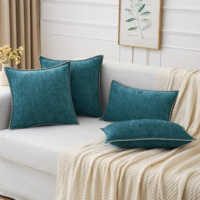 MIULEE Pack of 2 Couch Throw Pillow Covers 20x20 Inch Dark Teal Farmhouse Decorative Pillow Covers with Stitched Edge Soft Chenille Solid Dyed Pillow Covers for Sofa Bed Living Room