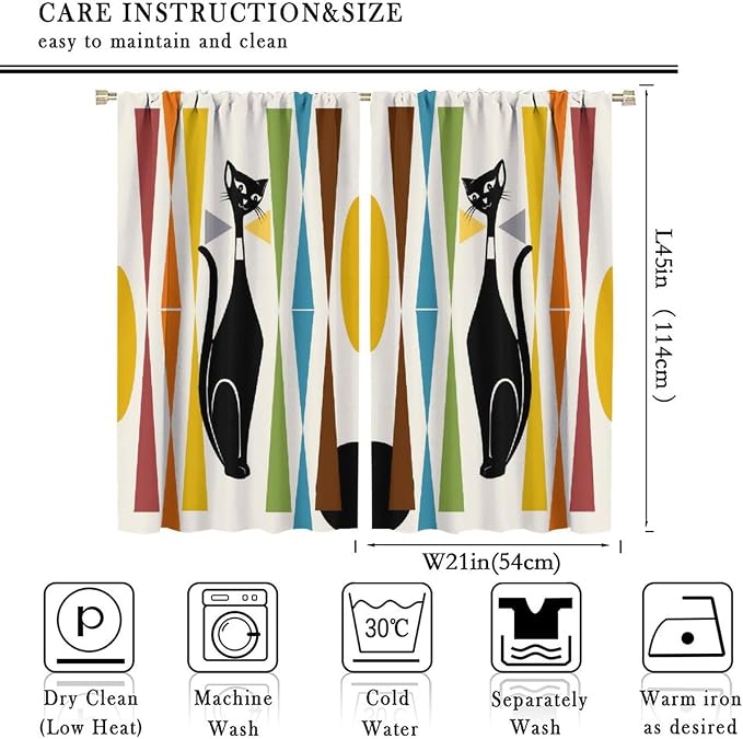 JESTRONRY Mid Century Style Curtains,Black Cat Modern Abstract Geometric Vintage Colorful Shape Pattern Theme Home Fabric Living Room Bedroom Kitchen Bathroom Decor 42x45in