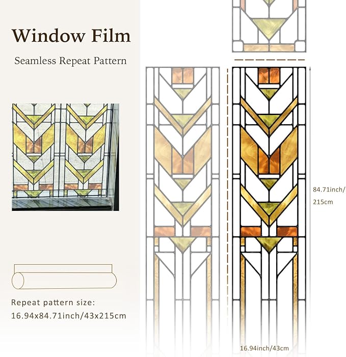 Faux Stained Glass Effect Transparent Window Film, Original Hand Drawn Static Cling Home Decal Inspired by Frank Lloyd Wright, 16.93" x84.65" Martin House, Boho