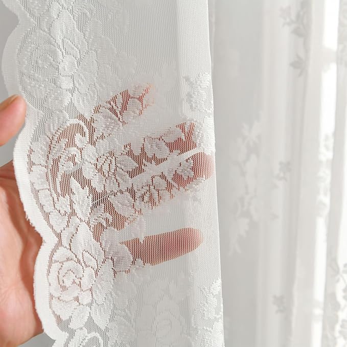 Kotile Ivory Lace Curtains 54 Inch Length for Bedroom, Country Rustic Floral Sheer Lace Curtains 2 Panels Set, Rod Pocket Privacy Window Lace Curtain Panels, 42 x 54 Inch Each, Ivory