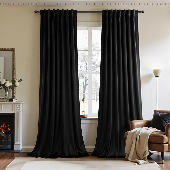 Black Out Velvet Curtains 96 Inches Long for Bedroom 2 Panels Mid Century Modern Soft Heavy Soundproof Noise Reduction Thermal Insulating Drapes Gothic Curtains for Living Room Ceiling to Floor Length