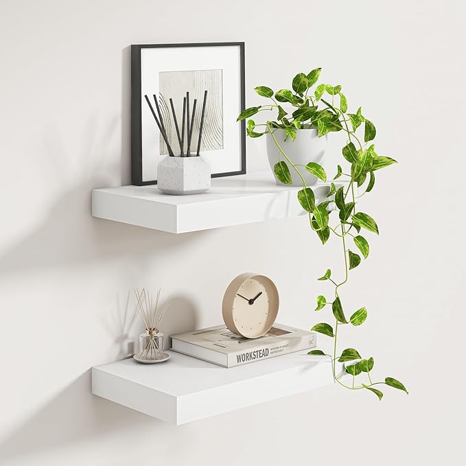Fun Memories White Floating Shelves for Wall, 16 x 9 Inch Floating Shelf Set of 2, Rustic Natural Wood Wall Shelves, 9" Deep White Bathroom Shelves for Storage & Display