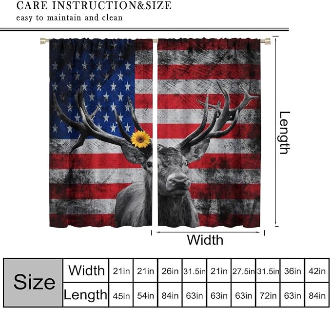 American Flag Curtains,Vintage Farmhouse Wildlife Elk Hunter Rural Style Drape for Bedroom Living Room Window Treatment 2 Panels Set Total Size 84" W X 84" L Inch