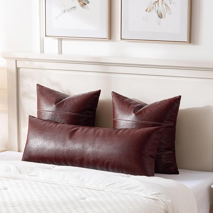 Fancy Homi Burgundy Boho Long Lumbar Faux Leather Body Decorative Throw Pillow Cover 14x40 Inch for Bed Couch Sofa Bench, Thick Stylish Solid Wine Red Pillowcase, Rustic Modern Farmhouse Room Decor