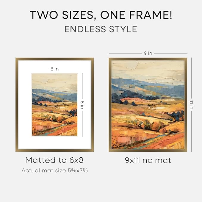 Homeforia 9x11 Frame Bronze, High End Metal 9 x 11 Brass Picture Frames with Mat for 6 by 8 in Photo, 9by11 Poster Frame Matted to 6x8, 11x9 Wall or Tabletop Frames, Tempered Glass, Wall Kit, Set of 2