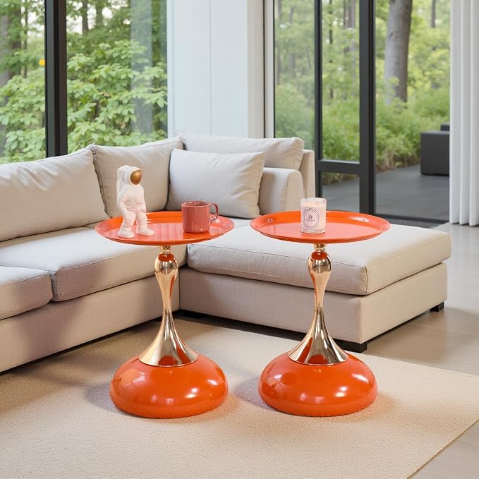 2-Pack Sleek Hourglass Side Table - Modern Stylish Hermes Orange Accent Table | Glossy Finish & Chic Metallic Detail - Ideal for Living Room, Bedroom, Cafe & Home Decor Spaces