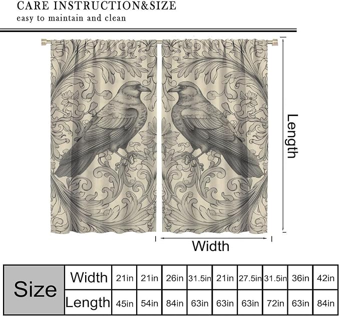 William Morris Blackout Curtains, Vintage Bird Crow Boho Rustic Flower Print Window Drapes, for Bedroom Living Room 63" W X 72" L