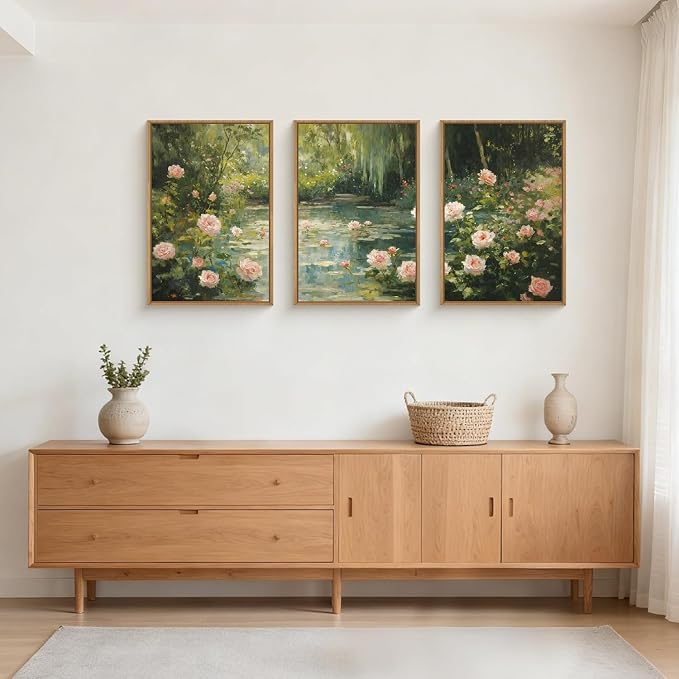 Water Lilies Monet Framed Canvas Wall Art Set,Garden Pond Impressionist Floral Wall Decor,Vintage Oil Green Vibrant Flower Botanical Artwork for Living Room, Bedroom,Farmhouse- 16"x24"x3
