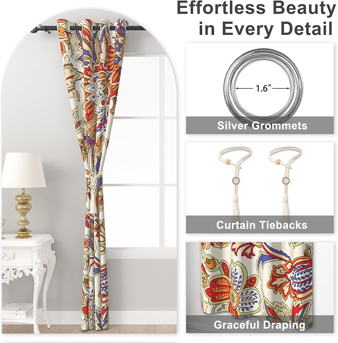 Boho Blackout Curtains for Bedroom and Living Room, Bohemian Floral Black Out Curtains 84 Inch Long, Light Filtering Soundproof Bedroom Curtains 2 Panel Sets, Room Darkening Curtains with Tiebacks