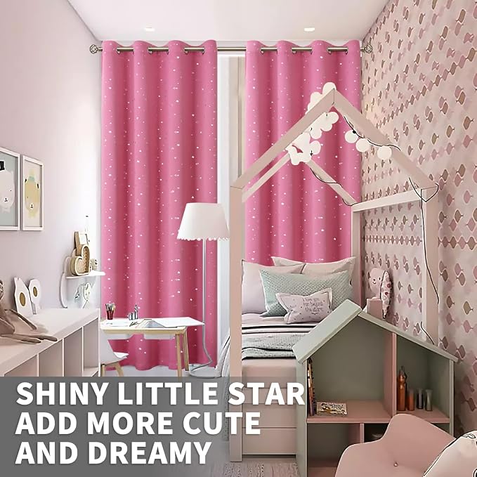 BGment Pink Star Blackout Curtains for Kid's Bedroom - Grommet Thermal Insulated Room Darkening Printed Curtains for Living Room, Set of 2 Panels, 52 x 95 Inch
