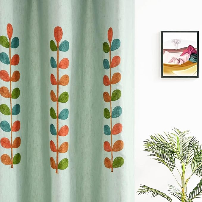 VOGOL 52x63 Light Filtering Curtains, Leaf Embroidered Grommet Panels for Living Room Bedroom, Farmhouse Window Treatments, Blue, 2 Panels