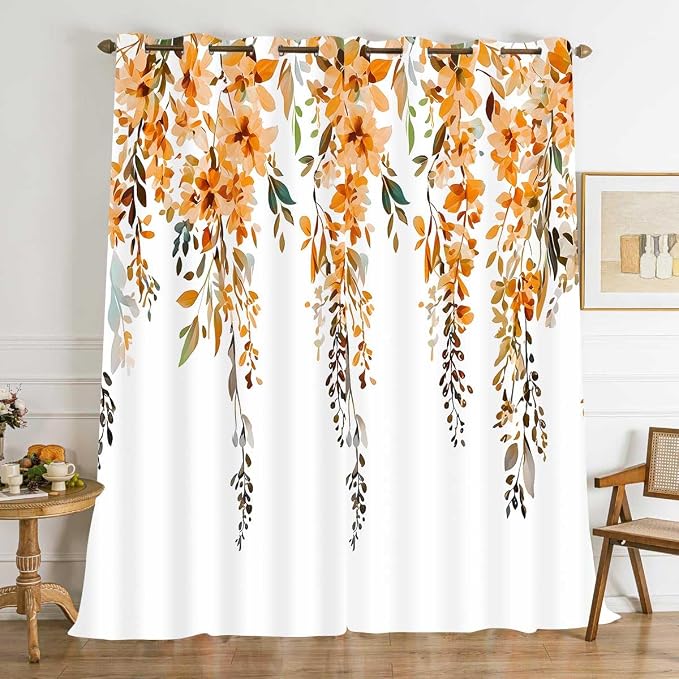 Orange Watercolor Floral Curtains, Botanical Leaves Vine Flowers Curtain, Rustic Farmhouse Flower Leaf Blackout Window Treatment Drapes for Bedroom Living Room 42x96 inch, 2 Panels