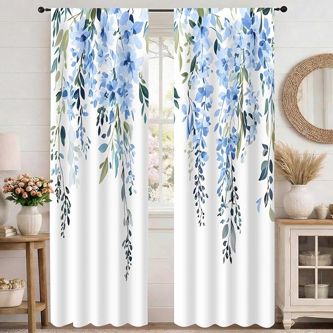 Blue Watercolor Floral Curtains, Botanical Leaves Vine Flowers Curtain, Rustic Farmhouse Flower Leaf Blackout Window Treatment Drapes for Bedroom Living Room 42x90 inch, 2 Panels