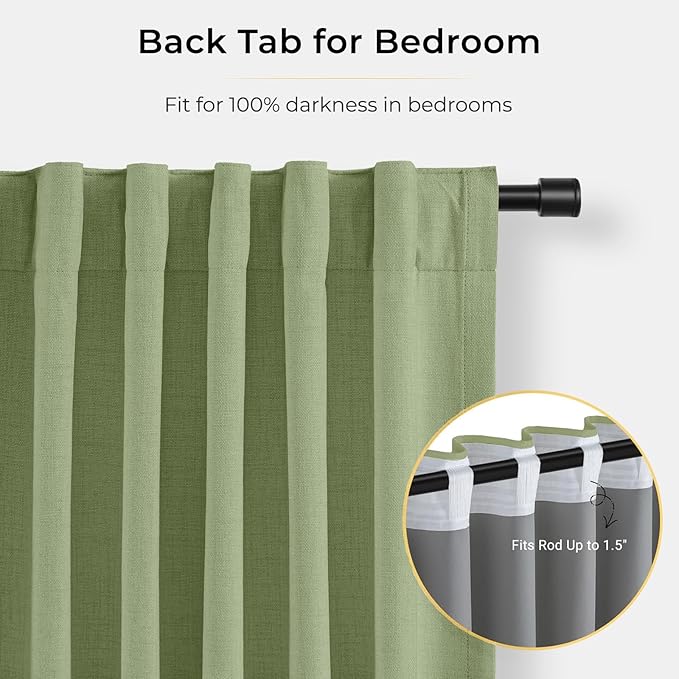 INOVADAY 100% Blackout Curtains for Bedroom, Black Out Curtains 90 Inch Long, Clip Rings Linen Blackout Drapes, Thermal Insulated Room Darkening for Living Room, 2 Panels - Sagegreen,W50xL90