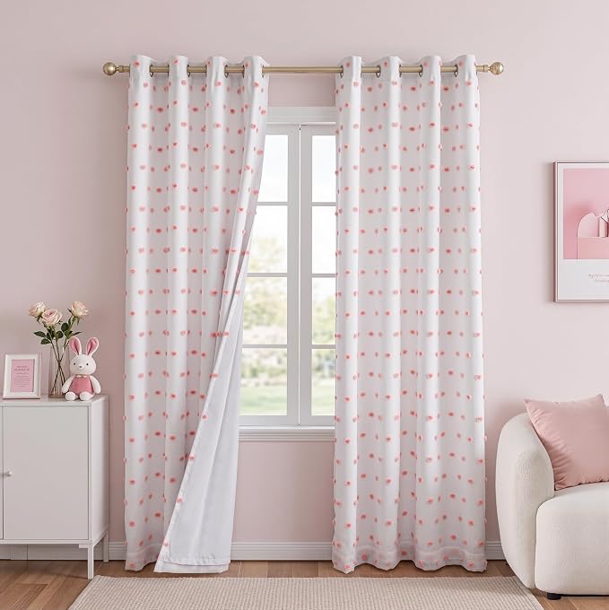MEETSKY Pink Pom Pom Total Blackout Curtains for Girls Bedroom 90 Inch Long 100% Light Blocking Nursery Curtains for Living Room 2 Panels Room Darkening Grommet Double Layer Window Drapes 52W x 90L