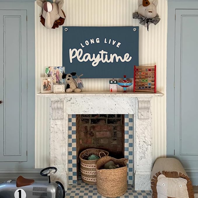 Playroom Decor for Boy, Long Live Playtime Wall Hanging Linen Banner, Blue Striped Wall Flag for Kids Room Nursery Playroom Decor, 20x30 Inch-Navy Blue