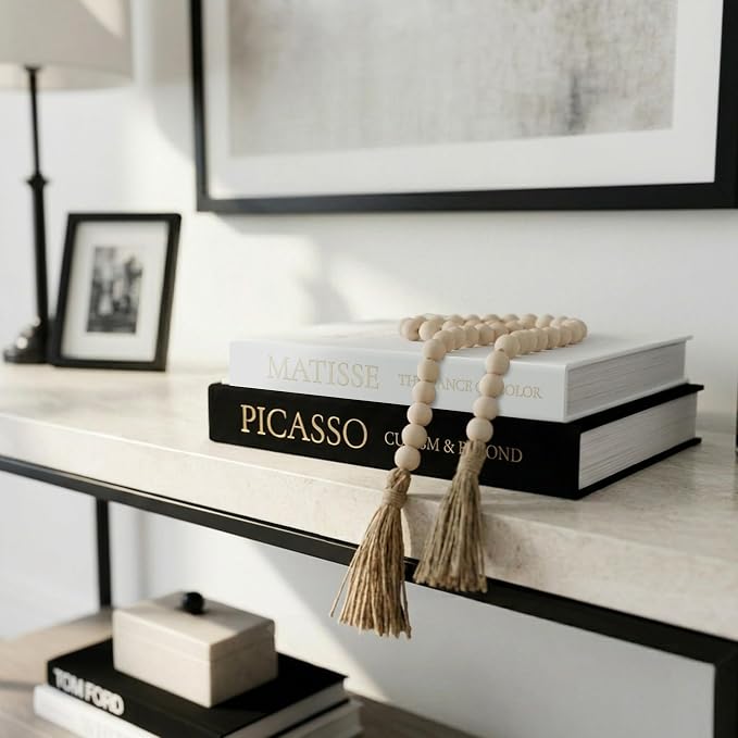 3-Piece Decorative Books for Home Decor with Wood Bead Garland - Stackable Linen Faux Book Box for Coffee Table Styling, Real Fabric Cover Fake Books with Tassel as Display Riser for Shelf