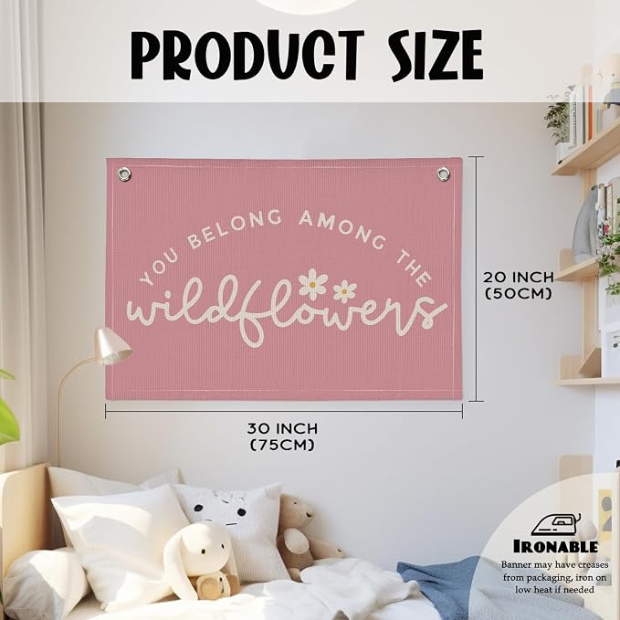 Girls Room Decor, Wildflower Baby Girl Nursery Decor, Baby Shower Pink Linen Canvas Banner, Wall Hanging Banner Flag 20x30 Inch - Hot Pink