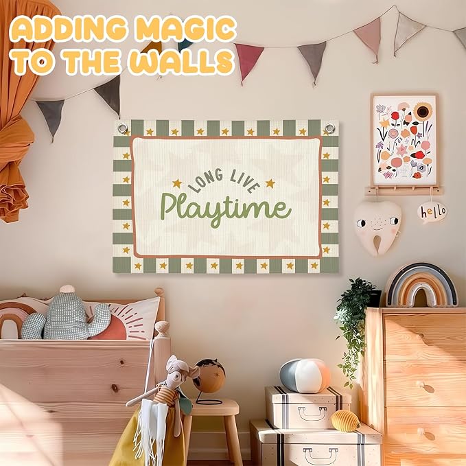 Playroom Wall Decor,Long Live Playtime Linen Canvas Banner,Sage Green Toddler Playroom Decor Kids Room Nursery with Star Pattern Wall Decor for Toddler Boys Toy Room Bedroom,30x20 Inch