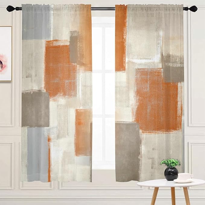 Orange Grey Curtains for Living Room Multicolor Checkered Curtains 63 Inch Length 2 Panels Set, Abstract Geometry Art Window Curtains Bedroom Drapes Rod Pocket