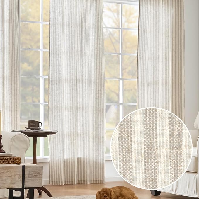 jinchan Linen Curtains 63 Inch Taupe Grey Stripe on Beige Back Tab 2 Panels | Curtains For Living Room Bedroom,Ticking Stripe, Farmhouse Cottage Core Rustic,Rod Pocket Window Treatment,Light Filtering