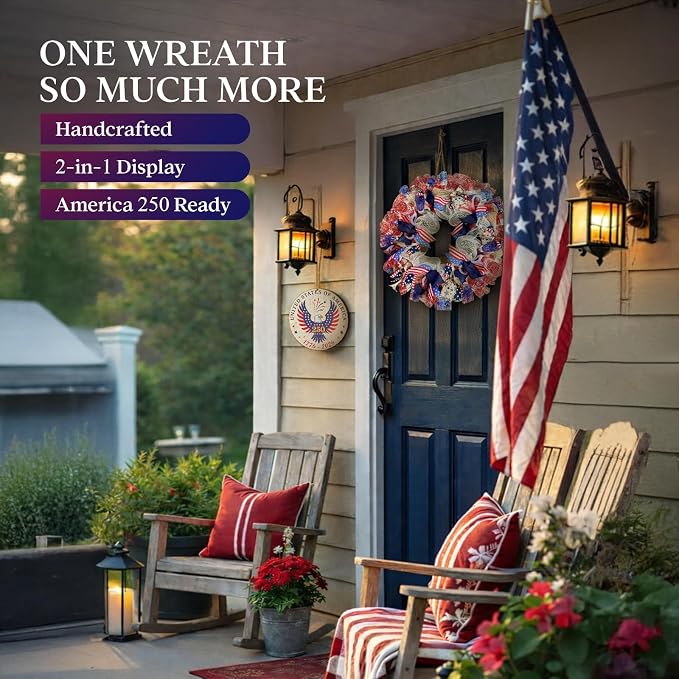24 Inch Large Patriotic Wreaths for Front Door with Eagle Sign | Front Door Decor with Storage Bag, Veterans Day Decorations, American Wreath for Memorial Day, 4th of July, Independence Day