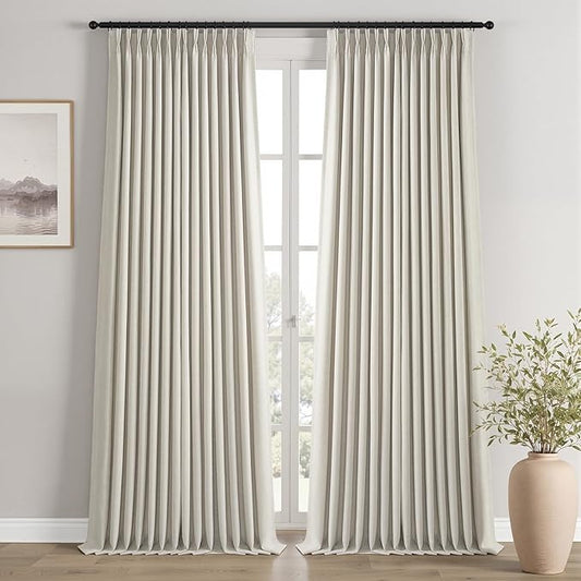 102 Inches Long 100% Blackout Grey Beige Linen Curtains,Farmhouse Pinch Pleated Noise Cancelling Curtains with Pin Hooks for Traverse Rods, Burlap Viral Drapes 2 Panels for Living Room Master Bedroom